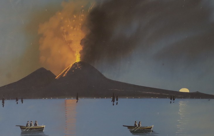 Neapolitan School c.1906, pair of gouaches, Vesuvius erupting by day and night, titled and dated 1906, overall 32 x 45cm